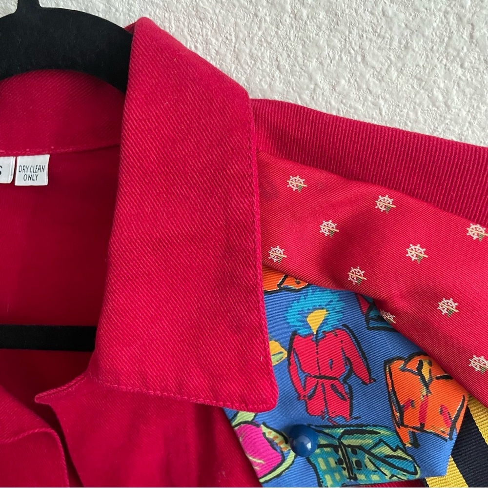 Unique Red Denim Jacket With Ties Patchwork - image 6